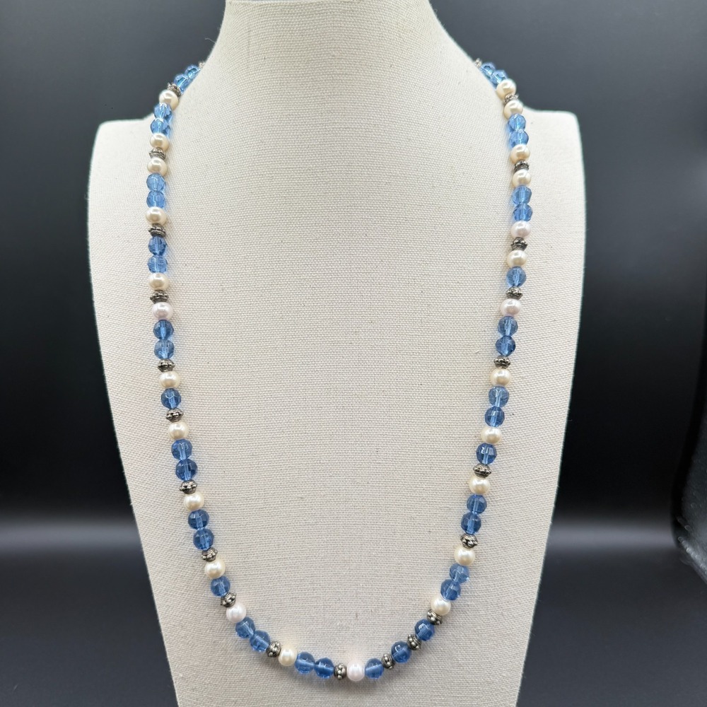Blue Faceted Crystal Faux Pearl Beaded Necklace Silver Tone Toggle Clasp 22 Inch